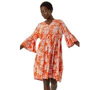 Roman Originals Smock Dress for Women UK Ladies Cotton Summer Embroidered Frilled Tiered Casual Beach Cruise Holiday Cocktail Party 3/4 Sleeve Pull On Gathered Skirt - Orange Patchwork - Size 20