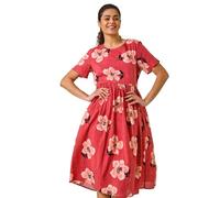 Roman Originals Smock Dress for Women UK Ladies Swing A Line Tiered Pocket Slouch Summer Spring Everyday Evening Work Holiday Short Sleeve Smart Casual Beach Lightweight Shift - Pink Floral - Size 16
