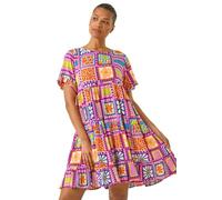 Roman Originals Smock Dress for Women UK Ladies Swing A Line Tiered Pocket Slouch Summer Spring Everyday Evening Work Holiday Short Sleeve Smart Casual Beach Lightweight Shift - Pink Multi - Size 18