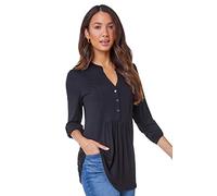 Roman Originals Smock Tunic Top For Women UK - Ladies Everyday Autumn Winter V-Neckline Comfy Soft Evening Vacation Work Party Night Out - Plain Black - Size 16