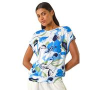 Roman Originals Snake Print Bubble Hem Top for Women UK - Ladies Spring Summer Blouson Round Neckline Comfy Soft Evening Vacation Work Party Night Out Everyday - Blue - Size 12