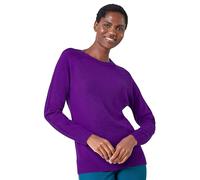 Roman Originals Soft Jumper for Women UK Ladies Winter Autumn Sweater Knit Knitwear Round Crew Neck Top Plain Lightweight Comfy Long Sleeve Split Hem Everyday Daywear - Purple - Size 12