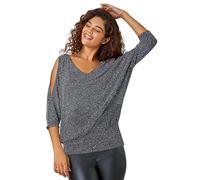 Roman Originals Sparkle Blouson Top for Women UK Ladies Cold Shoulder Blouse Split Sleeves Shimmer NYE Party New Year Christmas Formal Dressy Evening Special Occasions Winter - Silver& Black - Size 12