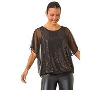 Roman Originals Sparkle Mesh Stretch Overlay Top for Women UK - Ladies Everyday Autumn Winter Round Neckline Comfy Soft Evening Vacation Work Party Night Out - Gold - Size 10