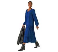 Roman Originals Spot Button Detail Smock Midi Dress for Women UK - Ladies Everyday Autumn Winter V-Neckline Comfy Soft Evening Vacation Work Party Night Out - Blue - Size 14