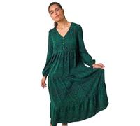 Roman Originals Spot Button Detail Smock Midi Dress for Women UK - Ladies Everyday Autumn Winter V-Neckline Comfy Soft Evening Vacation Work Party Night Out - Dark Green - Size 10