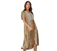 Roman Originals Spot Button Detail Smock Midi Dress for Women UK - Ladies Everyday Autumn Winter V-Neckline Comfy Soft Evening Vacation Work Party Night Out - Camel - Size 10