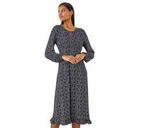 Roman Originals Spot Print Keyhole Midi Dress for Women UK - Ladies Everyday Holiday Spring Summer Round Neckline Comfy Soft Evening Vacation Work Party - Navy - Size 16