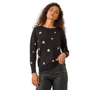 Roman Originals Star Embellished Knit Jumper for Women UK - Ladies Everyday Autumn Winter V-Neckline Comfy Soft Evening Vacation Work Party Night Out - Black & Gold - Size 16