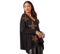 Roman Originals Star Print Hanky Hem Knit Jumper for Women UK - Ladies Everyday Autumn Winter V-Neckline Comfy Soft Evening Vacation Work Party Night Out - Black - Size 14