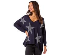 Roman Originals Star Print Hanky Hem Knit Jumper for Women UK - Ladies Everyday Autumn Winter V-Neckline Comfy Soft Evening Vacation Work Party Night Out - Midnight Blue - Size 18