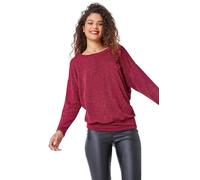 Roman Originals Stretch Glitter Blouson Top for Women UK - Ladies Autumn Everyday Winter Holiday Round Neckline Comfy Long Sleeve Soft Tee Jersey Shirts - Red - Size 20