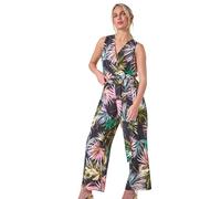 Roman Originals Stretch Wrap Jumpsuit for Women UK Ladies Wide Leg Culotte Summer Spring Everyday Holiday V-Neckline Soft Evening Vacation Work Cocktail Party Going Out - Petite Palm Noir - Size 14