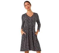 Roman Originals Stretchy Dress for Women UK Ladies Pockets Gathered Waist Ruched Chest Midi Holiday Spring Summer V Neckline Evening Vacation Work Party Going Out Soft - Black White - Size 10