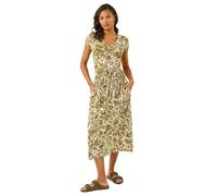 Roman Originals Stretchy Dress for Women UK Ladies Pockets Gathered Waist Ruched Chest Midi Holiday Spring Summer V Neckline Evening Vacation Work Party Going Out Soft - Khaki Floral - Size 16