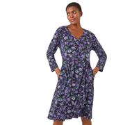 Roman Originals Stretchy Dress for Women UK Ladies Pockets Gathered Waist Ruched Chest Midi Holiday Spring Summer V Neckline Evening Vacation Work Party Going Out Soft - Purple Green - Size 16