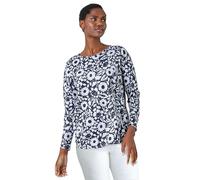 Roman Originals Stretchy Top for Women UK - Ladies Jersey Blouse Casual Tunic Work Smart 3/4 Length Sleeve Round Neck Boat Neckline Flattering Knit Knitwear Jumper - Grey Navy - Size 12