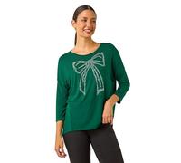 Roman Originals Stretchy Top for Women UK - Ladies Jersey Blouse Casual Tunic Work Smart 3/4 Length Sleeve Round Neck Boat Neckline Flattering Knit Knitwear Jumper - Forest Green - Size 12