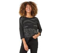 Roman Originals Stretchy Top for Women UK - Ladies Jersey Blouse Casual Tunic Work Smart 3/4 Length Sleeve Round Neck Boat Neckline Flattering Knit Knitwear Jumper - Silver Black - Size 14