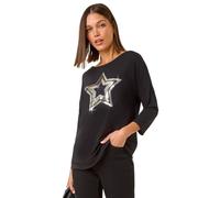 Roman Originals Stretchy Top for Women UK - Ladies Jersey Blouse Casual Tunic Work Smart 3/4 Length Sleeve Round Neck Boat Neckline Flattering Knit Knitwear Jumper - Silver Noir - Size 12