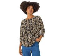 Roman Originals Stretchy Top for Women UK - Ladies Jersey Blouse Casual Tunic Work Smart 3/4 Length Sleeve Round Neck Boat Neckline Flattering Knit Knitwear Jumper - Noir Paisley - Size 20