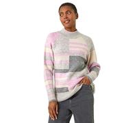 Roman Originals Stripe Colour Block Knitted Jumper for Women UK - Ladies Everyday Autumn Winter Funnel Neckline Comfy Soft Evening Vacation Work Party Night Out - Light Grey - Size 10
