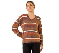 Roman Originals Stripe Fluffy Knit Jumper for Women UK - Ladies Everyday Autumn Winter V-Neckline Comfy Soft Evening Vacation Work Party Night Out - Brown - Size 16