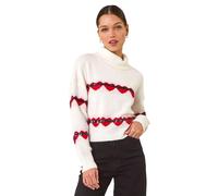 Roman Originals Stripe Heart Cowl Neck Knit Jumper for Women UK - Ladies Everyday Autumn Winter Comfy Soft Evening Vacation Work Party Night Out - Cerise - Size S