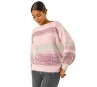 Roman Originals Stripe Soft Knit Jumper for Women UK - Ladies Everyday Autumn Winter Boat Neckline Comfy Soft Evening Vacation Work Party Night Out - Light Pink - Size 10