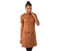 Roman Originals Suedette Button Shift Stretch Dress for Women UK - Ladies Everyday Autumn Winter Round Neckline Comfy Soft Evening Vacation Work Party Night Out - Camel - Size 18
