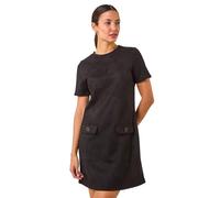 Roman Originals Suedette Button Shift Stretch Dress for Women UK - Ladies Everyday Autumn Winter Round Neckline Comfy Soft Evening Vacation Work Party Night Out - Black - Size 12