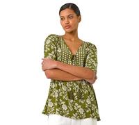 Roman Originals Summer Top for Women UK Ladies Swing Tunic A Line Blouse Ladder Trim Shirt Spring Casual Smart Holiday Party Beach Cruise Gathered Waist Loose Work - Olive - Size 10