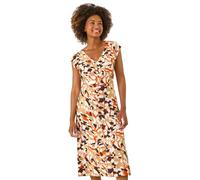 Roman Originals Swing Tea Dress Women UK Ladies Skater Midi A Line Fit & Flare Summer Casual Smart Spring Cocktail Party Going Out Work Cruise Button Through Long Pocket - Orange Multi - Size 16