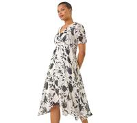 Roman Originals Swing Tea Dress Women UK Ladies Skater Midi A Line Fit & Flare Summer Casual Smart Spring Cocktail Party Going Out Work Cruise Button Through Long Pocket - Noir Floral - Size 14