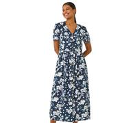 Roman Originals Swing Tea Dress Women UK Ladies Skater Midi A Line Fit & Flare Summer Casual Smart Spring Cocktail Party Going Out Work Cruise Button Through Long Pocket - Floral Navy - Size 10