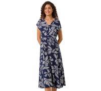 Roman Originals Swing Tea Dress Women UK Ladies Skater Midi A Line Fit & Flare Summer Casual Smart Spring Cocktail Party Going Out Work Cruise Button Through Long Pocket - Navy Leaf - Size 12