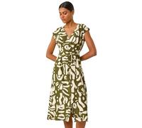 Roman Originals Swing Tea Dress Women UK Ladies Skater Midi A Line Fit & Flare Summer Casual Smart Spring Cocktail Party Going Out Work Cruise Button Through Long Pocket - Khaki Natural - Size 18