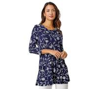 Roman Originals Swing Top with Pockets for Women UK Ladies Hanky Hem Asymmetric Tunic Blouse Longline Long Stretch Jersey Casual Round NeckTee Shirt T-Shirt - Navy White - Size 20