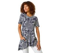 Roman Originals Swing Top with Pockets for Women UK Ladies Hanky Hem Asymmetric Tunic Blouse Longline Long Stretch Jersey Casual Round NeckTee Shirt T-Shirt - Navy Patchwork - Size 12