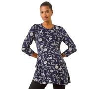 Roman Originals Swing Top with Pockets for Women UK Ladies Hanky Hem Asymmetric Tunic Blouse Longline Long Stretch Jersey Casual Round NeckTee Shirt T-Shirt - Navy White - Size 12