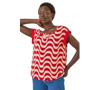 Roman Originals T-Shirt for Women UK - Ladies Tee Shirt Summer Top Holiday Day Causal Short Sleeve Blouses Round Crew Boat Neck Lightweight - Red Wave - Size 16