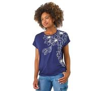 Roman Originals T-Shirt for Women UK - Ladies Tee Shirt Summer Top Holiday Day Causal Short Sleeve Blouses Round Crew Boat Neck Lightweight - Navy Floral - Size 14
