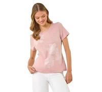 Roman Originals T-Shirt for Women UK - Ladies Tee Shirt Summer Top Holiday Day Causal Short Sleeve Blouses Round Crew Boat Neck Lightweight - Floral Pink - Size 14