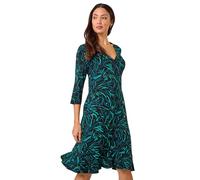 Roman Originals Tea Dress for Women UK Ladies Frill Hem Skater Wrap Jersey Stretchy Fit & Flare Flattering Knee Length Cocktail Party Occasion Holiday Going Out - Teal Noir - Size 14