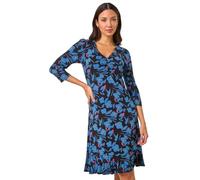 Roman Originals Tea Dress for Women UK Ladies Skater Swing Fit & Flare Flattering Summer Knee Length Frill Hem Ruched Chest Casual Smart Cocktail Party Going Out - Noir Blue - Size 16