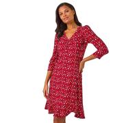 Roman Originals Tea Dress for Women UK Ladies Skater Swing Fit & Flare Flattering Summer Knee Length Frill Hem Ruched Chest Casual Smart Cocktail Party Going Out - Red White - Size 18