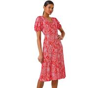 Roman Originals Tea Dress for Women UK Ladies Skater Swing Fit & Flare Flattering Summer Knee Length Frill Hem Ruched Chest Casual Smart Cocktail Party Going Out - Red Floral - Size 16