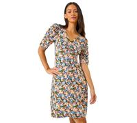 Roman Originals Tea Dress for Women UK Ladies Skater Swing Fit & Flare Flattering Summer Knee Length Frill Hem Ruched Chest Casual Smart Cocktail Party Going Out - Blue Floral - Size 12