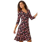 Roman Originals Tea Dress for Women UK Ladies Skater Swing Fit & Flare Flattering Summer Knee Length Frill Hem Ruched Chest Casual Smart Cocktail Party Going Out - Noir Pink - Size 20