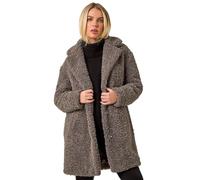 Roman Originals Teddy Coat for Women UK Ladies Borg Faux Fur Coatigan Lined Casual Soft Fluffy Fleece Texture Oversized Longline Warm Cosy Winter Jacket Thick Cardigan - Petite Taupe - Size 10